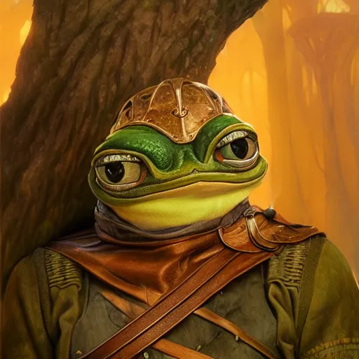 Prompt: pepe the frog as aragorn by alan lee, leather armor, golden hour, concept art, detailed clothing, art station, oil painting, art by artgerm and greg rutkowski and alphonse mucha