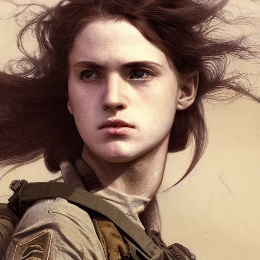 Image similar to side portrait of a soldier girl, dirt and smoke, long hair, hair down, symmetrical facial features, girls frontline, hyper realistic, pale skin, 4k, rule of thirds, extreme detail, detailed drawing, trending artstation, hd, fantasy, D&D, realistic lighting, by Alphonse Mucha, Greg Rutkowski, sharp focus, backlit