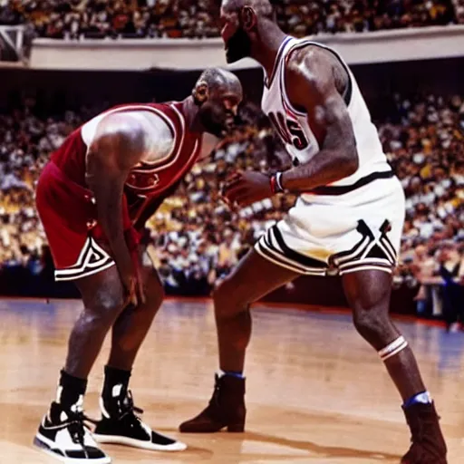 Prompt: michael jordan playing a game of basketball with lebron james.