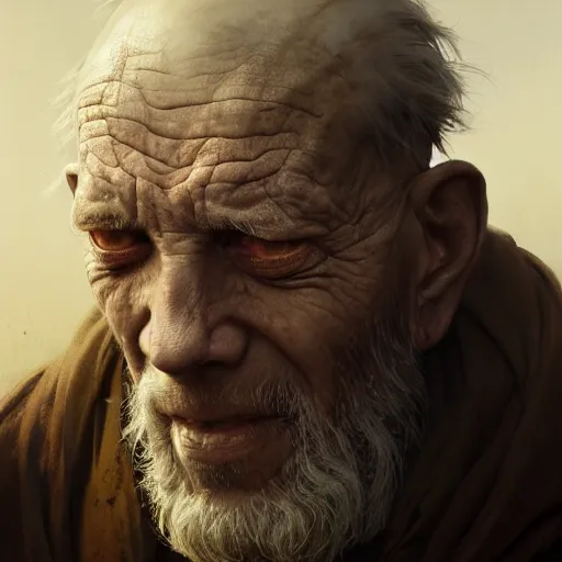 Prompt: portrait painting of a post - apocalyptic blind older american man wearing monk garbs, ultra realistic, concept art, intricate details, eerie, highly detailed, photorealistic, octane render, 8 k, unreal engine. art by artgerm and greg rutkowski and charlie bowater and magali villeneuve and alphonse mucha