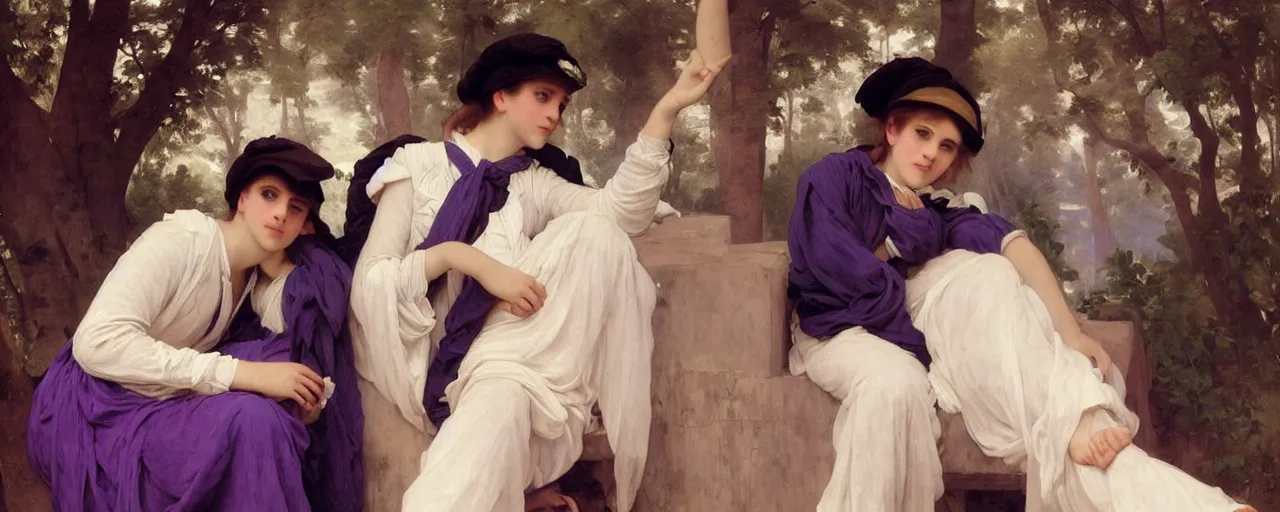 Prompt: Emma Watson wearing an oversized purple Beret, Purple overall shorts, Short Puffy pants made of silk, pointy jester shoes, a big billowy scarf, and white leggings. Rainbow accessories all over. Flowing fabric. Covered in stars. Short Hair. Art by william-adolphe bouguereau and Paul Delaroche and Alexandre Cabanel and Lawrence Alma-Tadema and WLOP and Artgerm. Fashion Photography. Decora Fashion. harajuku street fashion. Kawaii Design. Intricate, elegant, Highly Detailed. Smooth, Sharp Focus, Illustration Photo real. realistic. Hyper Realistic. Sunlit. Moonlight. Dreamlike. Surrounded by clouds. 4K. UHD. Denoise.