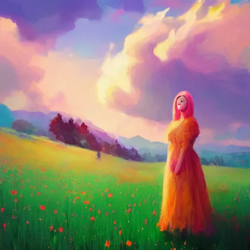 Image similar to girl with a flower face, surreal portrait, dreamlike, standing in flower field, in a valley, sunrise dramatic light, impressionist painting, colorful clouds, artstation, simon stalenhag