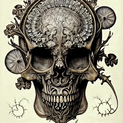 Image similar to memento mori by arthur rackham, art forms of nature by ernst haeckel, exquisitely detailed, art nouveau, gothic, ornately carved beautiful skull mask dominant, intricately carved antique bone, art nouveau botanicals, ornamental bone carving, art forms of nature by ernst haeckel, horizontal symmetry, ernst haeckel, symbolist, visionary