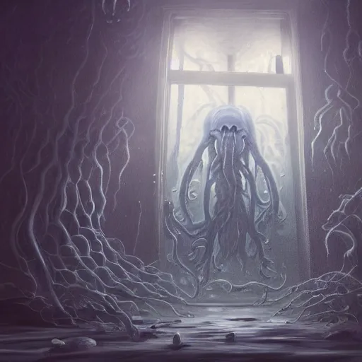 Prompt: a person in a cold large empty room standing in front of a window in a aquarium, inside the water is an eldritch monster. concept art by jason a. engle, trending on artstation, context art, lovecraftian, cosmic horror, concept art. highly detailed masterpiece. unreal engine. 8 k. uhd. render.