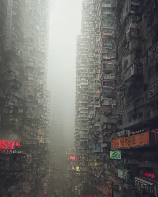 Image similar to poor buildings, hong kong buildings, kowloon, slums, night, cyberpunk, fog, rain, dramatic lighting, depressing, dystopia, trending on Artstation, 8k, highly realistic, hyper detailed, unreal engine 5, IMAX quality, realistic, cinematic, epic lighting, realistic, Matte Painting, masterpiece,