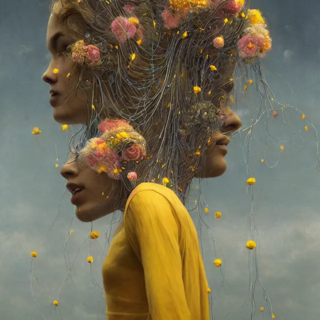 Prompt: A portrait of a woman wearing clothes made out of thunder clouds and flowers, hundreds of people floating still in air, apocalypse, yellow skin, Masterpiece, glowing, wires everywhere, by Edgar Maxence and Ross Tran, Zdzisław Beksiński, and Michael Whelan, distant, gustav dore, H.R. Giger, 8k, octane render