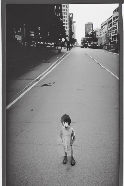 Image similar to photo polaroid of sad and lonely child in the middle of an empty street in a big city, photorealistic, 35mm film, black and white, polaroid,