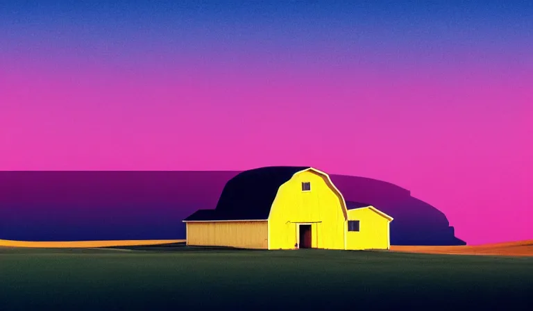 Image similar to a beautiful, sharp focus, and immaculate barn on the palouse. vaporwave ombre rendering. outrun style. trending on artstation. recommended for you behance. by chris moore. by edward hopper. beeple colors. ambient occlusion. digital matte painting. metropolis filmic. gotham city. overcast.