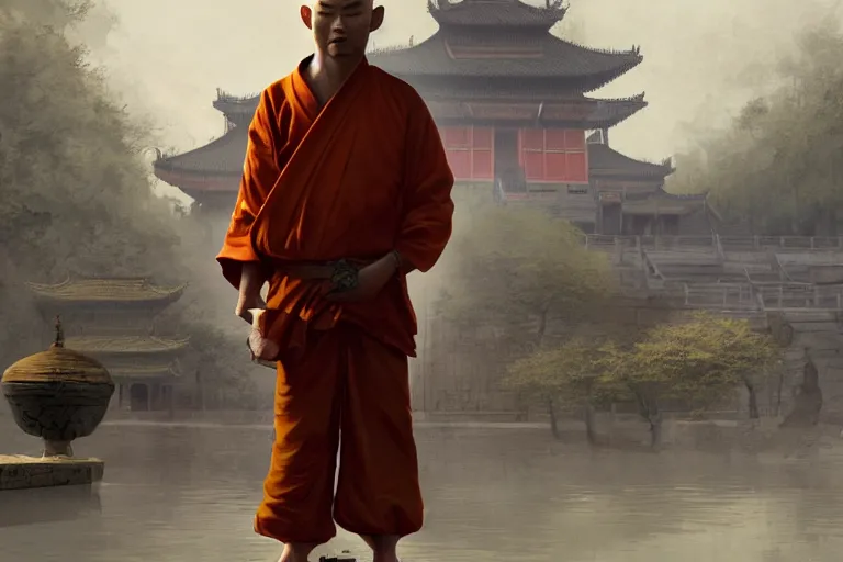 Image similar to A MONKEY!!!!! dressed as a shaolin monk, standing in front of an ancient chinese palace, cinematic lighting, artstation, greg rutkowski