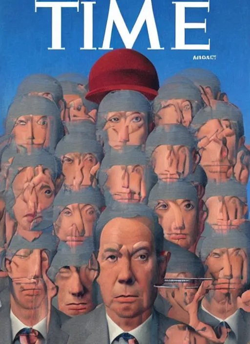 Prompt: TIME magazine cover, the coming AI singularity, by Rene Magritte and Sandra Chevrier