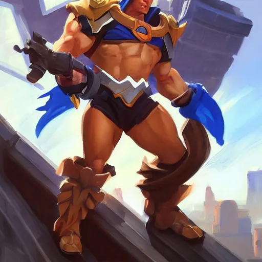 Image similar to greg manchess portrait painting of he - man as overwatch character, medium shot, asymmetrical, profile picture, organic painting, sunny day, matte painting, bold shapes, hard edges, street art, trending on artstation, by huang guangjian and gil elvgren and sachin teng