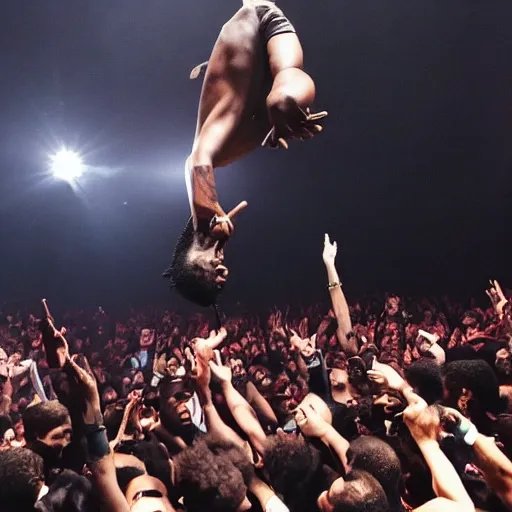 Prompt: Kanye West doing a backflip in a the craziest punk mosh pit ever, cinematic, atmospheric, dynamic lighting, epic, playboi carti concert,