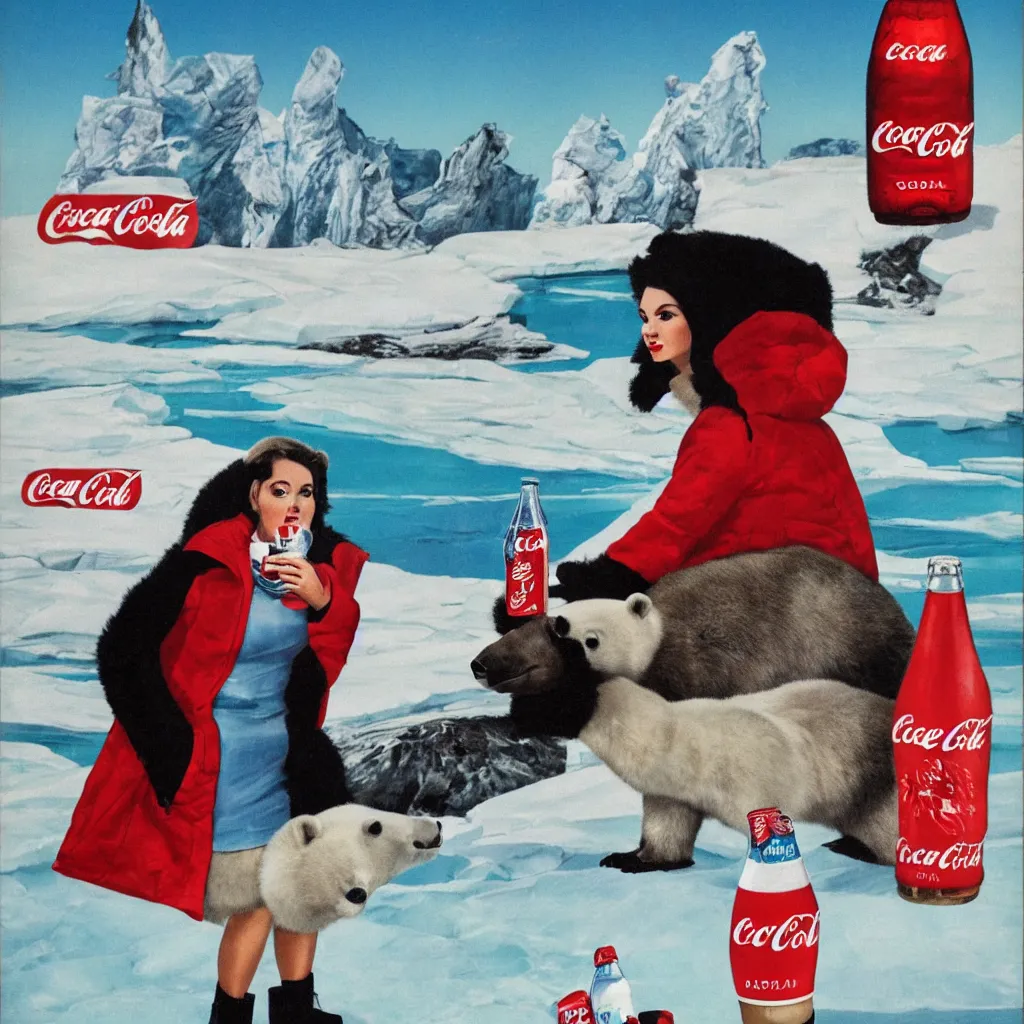 Image similar to woman wearing a parka drinking a bottle of coke in front of an icy polar landscape, polar bear in the far background, coka-cola advertisement, pinup style, retro ad, print advertising, 1960's, trending on artstation