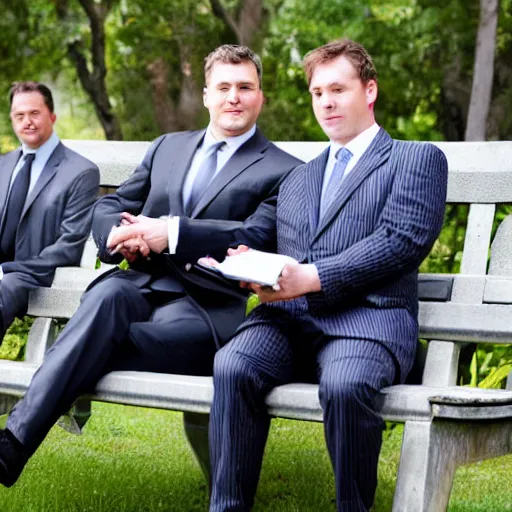 Image similar to two clean - shaven chubby white men in suits and neckties sitting on a park bench. each men are holding manila folders in their hands.