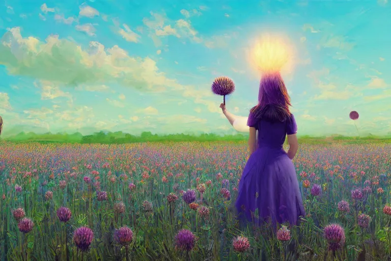 Image similar to giant thistle flower head, girl in suit in field of flowers, surreal photography, sunrise, blue sky, dramatic light, impressionist painting, digital painting, artstation, simon stalenhag