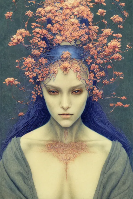 Prompt: portrait of beautiful young mainem, warhammer, japanic style, cyberpunk, a lot of scars, more and more flowers, blue head, the middle ages, highly detailed, artstation, illustration, art by jean delville, 8 k quality