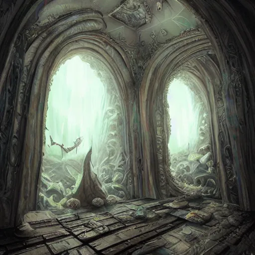 Image similar to this place is so bizarre yet amazing the walls seem to be moving and the sculptures look like nothing I’ve ever seen before lights are gleaming out of the small window it’s truly beautiful, trending on artstation,