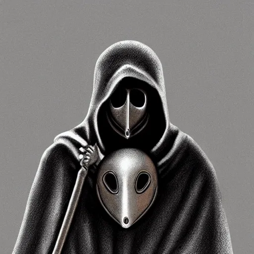 Image similar to female plague doctor donning a black hood, steel knightly armor and a white crow mask, trending on artstation