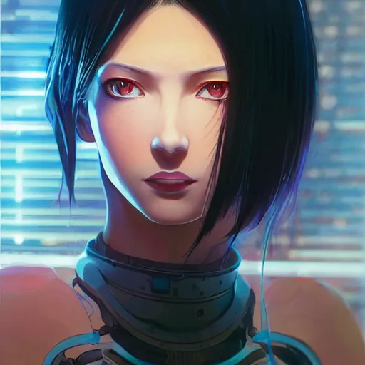 Image similar to A beautiful cyborg woman with glowing eyes || VERY ANIME, fine-face, realistic shaded perfect face, fine details. Anime. realistic shaded lighting poster by Ilya Kuvshinov katsuhiro otomo ghost-in-the-shell, magali villeneuve, artgerm, Jeremy Lipkin and Michael Garmash, Rob Rey and Kentarõ Miura, trending on art station