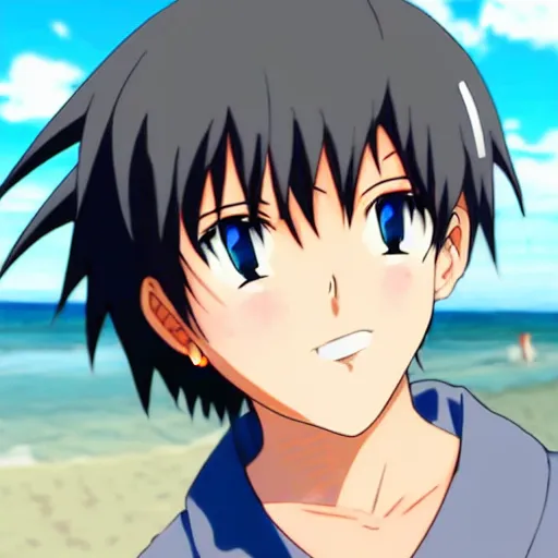 Prompt: Anime boy standing on the beach, smiling at the camera. Blue sky. Anime Still frame.