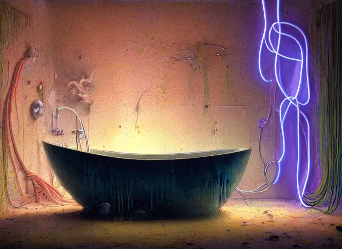 Prompt: A bathtub full of water, neon, RGB, glowing wires everywhere, decay, by Edgar Maxence and Ross Tran, Zdzisław Beksiński, and Michael Whelan, distant, gustav dore, H.R. Giger, 8k, octane render
