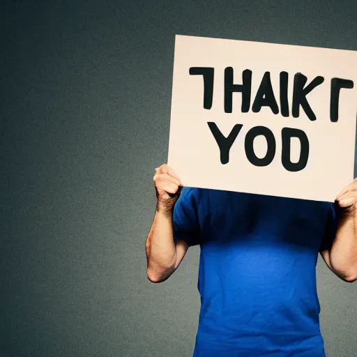 Image similar to man holding a sign that says “ thank you ” in bold uppercase letters, madly grinning, studio light