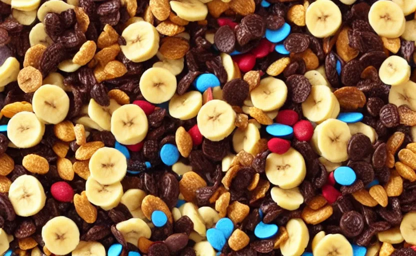 Prompt: a trail mix with Reese's pieces, Reese's cups and banana chips