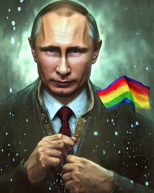 Image similar to a highly detailed portrait of Vladimir Putin holding gay pride flag, intricate, digital painting, old english, raining, sepia, particles floating, whimsical background by marc simonetti, art by artgerm and greg rutkowski and alphonse mucha