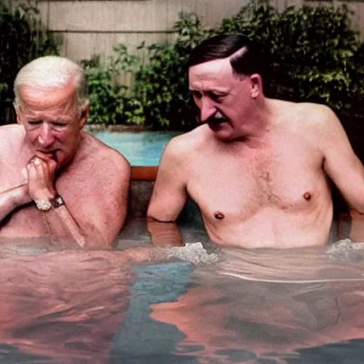 Image similar to UHD candid color photo of Hitler and Joe Biden in a hot tub, accurate faces, UHD, photorealistic, correct face, photo by Annie Leibowitz