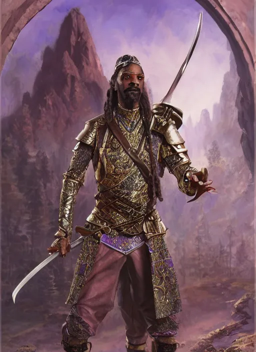 Image similar to snoop dogg as an archer, short beard, grumpy, intricate plate armor with purple accents, Ivan Aivakovsky, Boris Vallejo, epic fantasy character art, D&D Concept Art, full length, Realistic, Regal, Refined, Detailed Digital Art, Oil Paining, Exquisite detail, post-processing, masterpiece, Cinematic Lighting, Unreal Engine, 8k, HD, Stanley Artgerm Lau, WLOP, Rossdraws, Frank Frazetta, Andrei Riabovitchev, Marc Simonetti, trending on artstation,