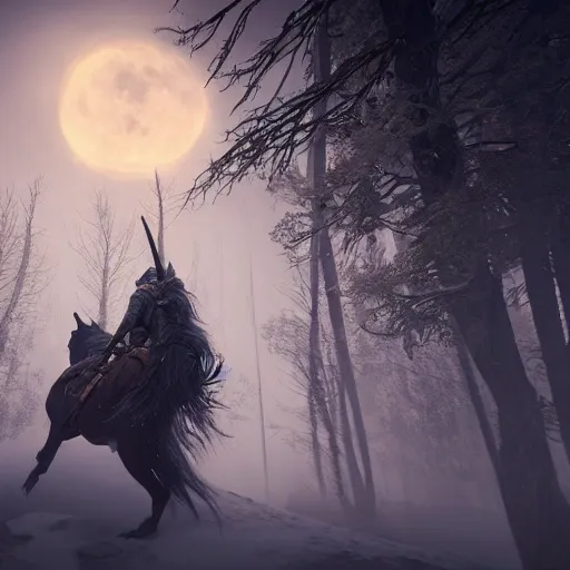 Prompt: the wild hunt, spectres riding in the sky, bad omen, enchanted forest, blizzard storm, fog, full moon, snowy environment, in the style of the witcher series, hyperrealism, breathtaking, award winning, groundbreaking, octane render, unreal 5, intricate digital art, 8 k hi - res