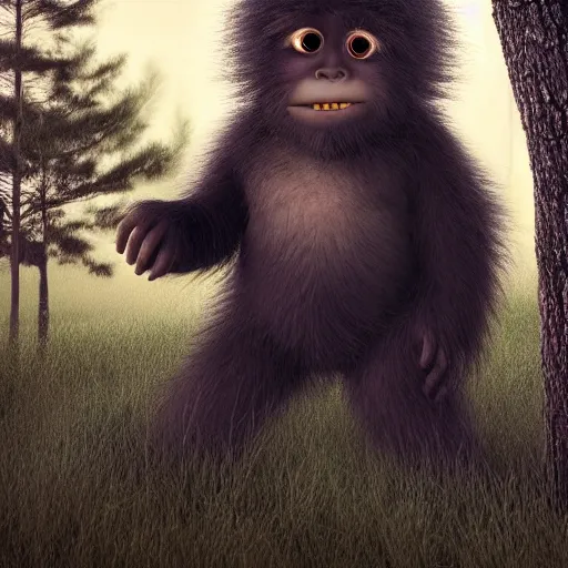 Image similar to award winning hyper realistic photograph of a sasquatch infant peering out timidly from behind a tree with large cute eyes, portrait, 8 k, twilight, foggy, moonlit
