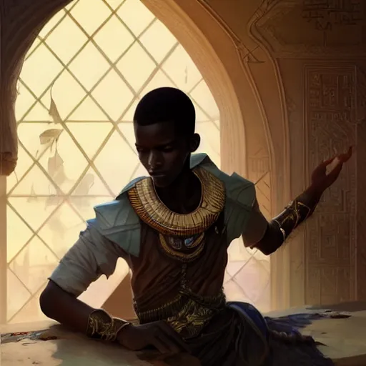 Image similar to illustration of a sudanese boy, d & d, fantasy, intricate, elegant, highly detailed, digital painting, artstation, concept art, smooth, sharp focus, illustration, art by artgerm and greg rutkowski and alphonse mucha