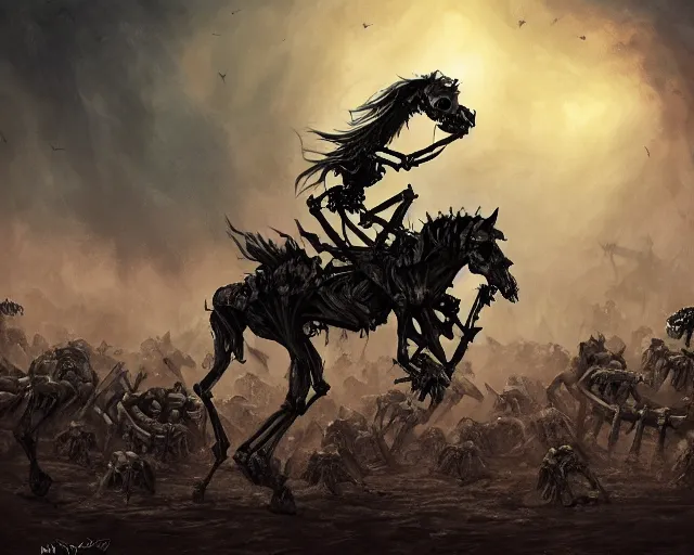 Image similar to evil skeleton riding evil skeleton horse in tatters in front of an army of evil skeleton soldiers against a dark and stormy night, illustration, by ( kieran yanner ) ( miranda meeks ) ( anna podedworna ) ( cristi balanescu ), digital art