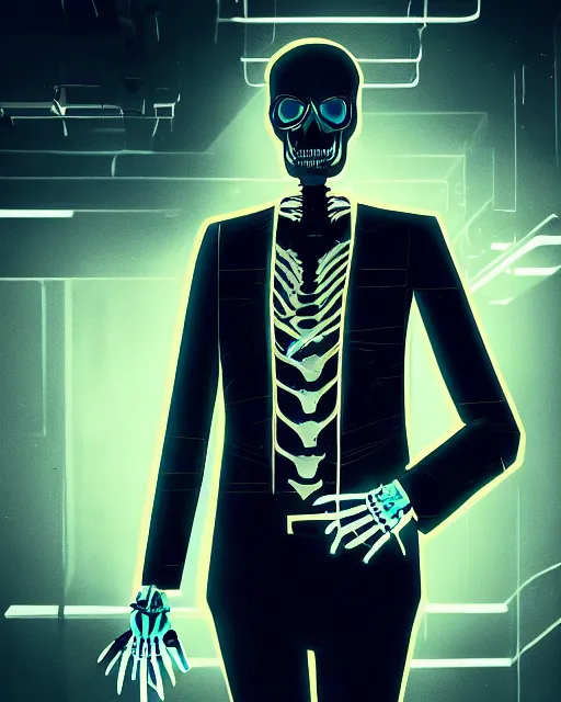 Image similar to dramatic cyberpunk portrait of a skeleton in a suit, rbg color glow, atmospheric haze, intense shading, single light source