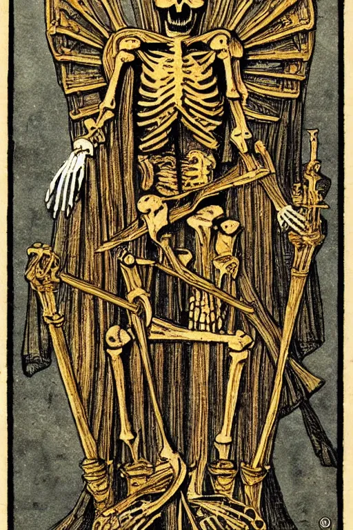 Prompt: tarot card of a king’s skeleton sitting on a decaying throne, ornate, gold foil, intricate design, detailed