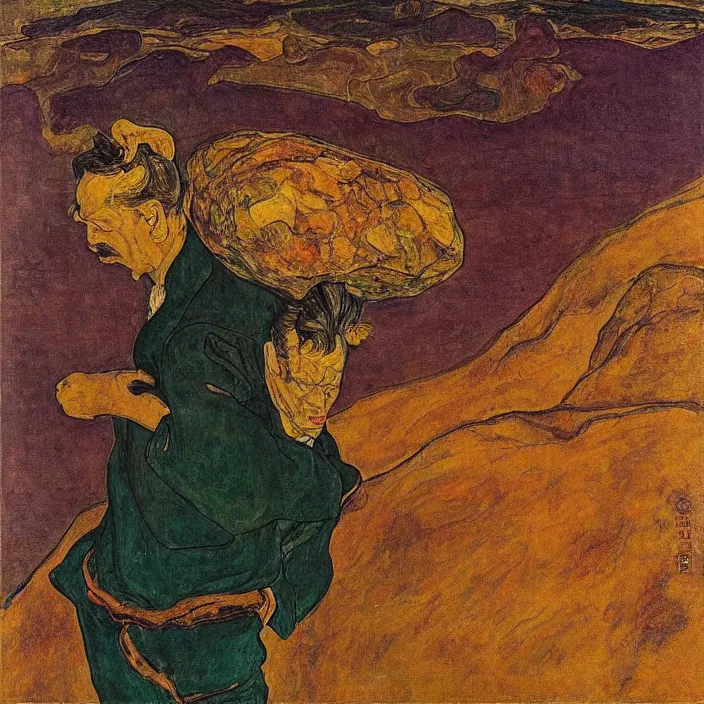 Image similar to fierce man with golden mustache carrying a boulder on his back on a hill, looking at the toxic industrial city with dark smoke and smog. sun setting through the clouds, vivid iridescent colors. munch, egon schiele, henri de toulouse - lautrec, utamaro, monet