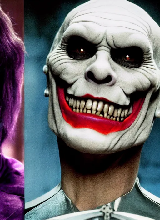 Image similar to movie still of skeletor as the joker in dark knight, 4 k