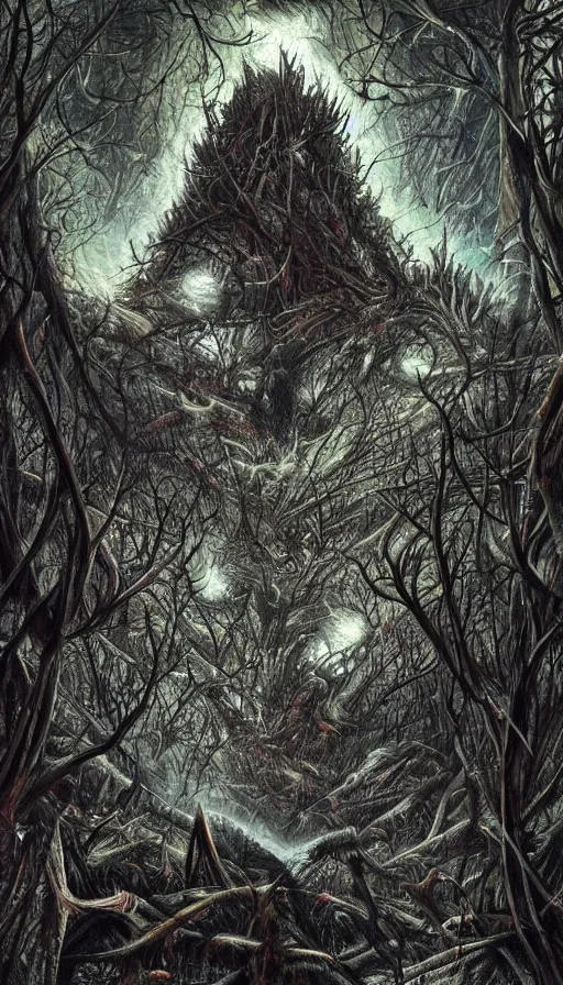 Image similar to a storm vortex made of many demonic eyes and teeth over a forest, by android jones,