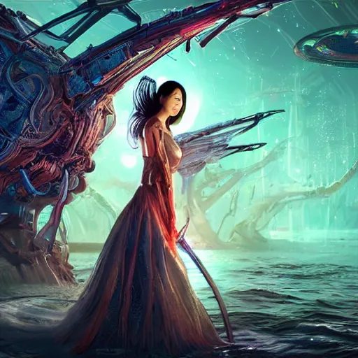 Image similar to ultra realistic illustration of cyber fairy, song hye - kyo, alien homeworld, swamps, advanced technology, warframe, special effects, colorful lights, space ship in the distance, intricate, highly detailed, digital painting, artstation, concept art, smooth, sharp focus, illustration, art by artgerm and tim mcburnie and anato finnstark