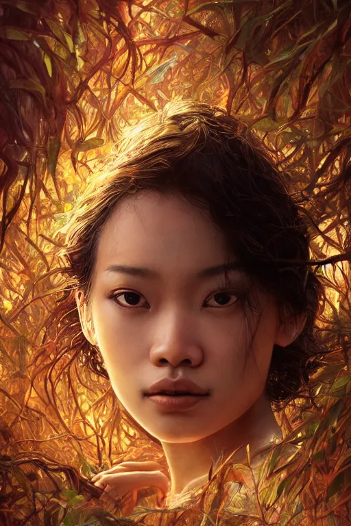 Image similar to stunningly beautiful, filipina prima ballerina in jungle, symmetrical face, golden hour, smooth, focus, highly detailed, hyper realistic, dramatic lighting, elegant, intricate, concept art, art by wlop, mars ravelo, greg rutowski, artstation