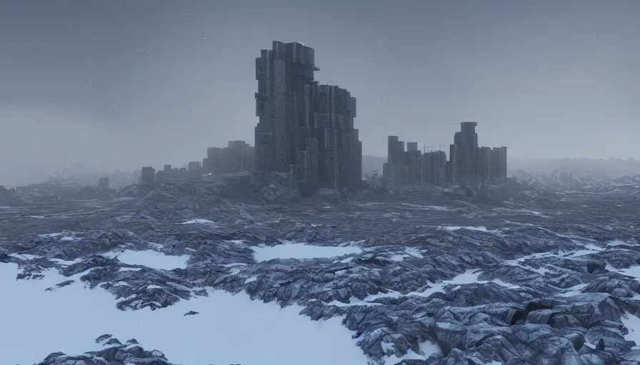 Image similar to brutalist mega structure tall tower in edge of artic mountains snow hills in the distance, volumetric light, storm, hyperdetailed, artstation, cgsociety, 8 k