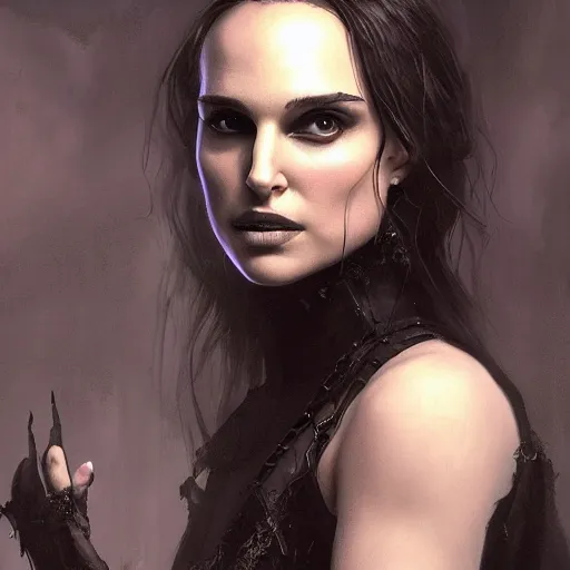 Prompt: closeup portrait of a young natalie portman in a gothic dress, eerie colors, dramatic light, gorgeous view, depth, high detail, digital art, painted by greg rutkowski and seb mckinnon, by tim burton, trending on artstation