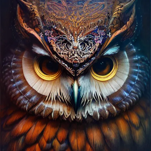 Image similar to a ultradetailed beautiful concept art of a an intricate wooden mask of an owl painted with beautiful colors, but the mask seems to hide some dark secret, photorealism, concept art, sharp details, high resolution 4 k, by tom bagshaw, greg rutkowski, charli bowater and artgeem