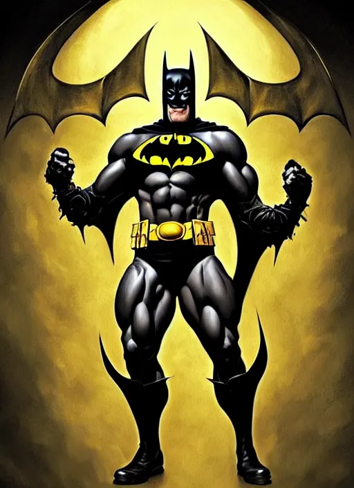 Image similar to portrait of aggressive demonic damned batman, d & d, muscular! athetic slim bodybuilder, yellow and black color scheme, futuristic, sci fi, dynamic pose, fantasy, intricate, elegant, highly detailed, digital painting, artstation, concept art, smooth, sharp focus, illustration, art by artgerm and greg rutkowski and alphonse mucha