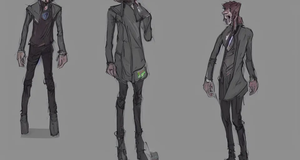 Prompt: concept art of a lean and lanky man that has a TV as a head and wears a cyberpunk coat, concept art, turnaround world building, character design