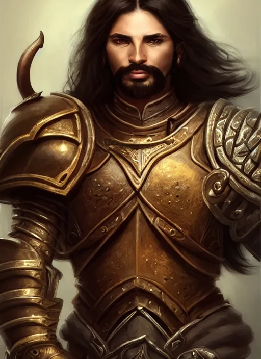 Image similar to portrait of an athletic male conquistador as a diablo 3 character, looking at camera, D&D, armor master, long dark hair, intricate, elegant, stylish, cute smile, fantasy, extremely detailed, digital painting, artstation, concept art, smooth, sharp focus, illustration, ambient lighting, art by artgerm and greg rutkowski and alphonse mucha and simon stalenhag