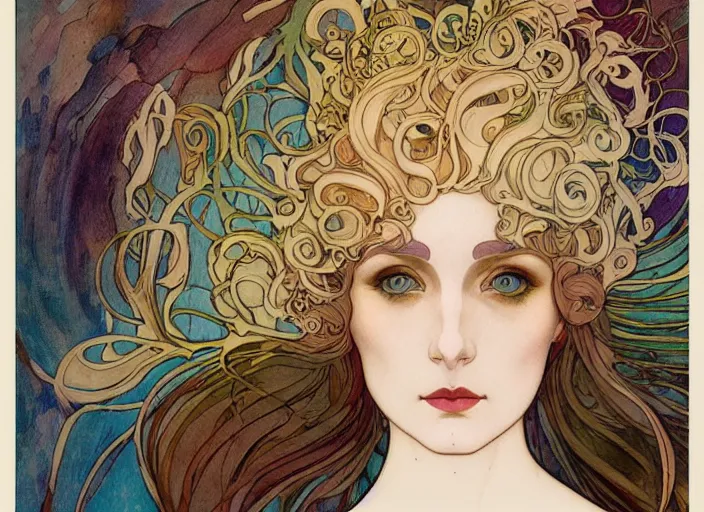 Image similar to The Goddess of Life and Creation, beautiful eyes, symmetrical face, paint, ink, palettes, spectrum, in the style of Joshua Middleton, Mucha, Kandinsky
