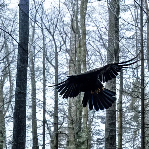 Prompt: black eagle flying over a forest