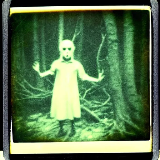 Prompt: 1 9 6 0's old polaroid of an eldritch entity staring from the depths of the dark gloomy forest, photorealistic, grainy, found footage, old film, low quality, horror, creepy, unsettling, liminal, strangely terrifying
